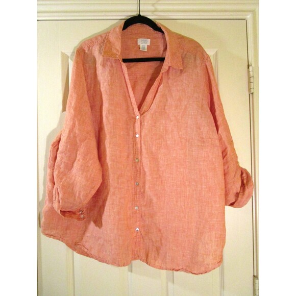 Sigrid Olsen Tops - Sigrid Olsen Shirt Womens 3X Peach Orange 100% Linen Button Up Top Lightweight